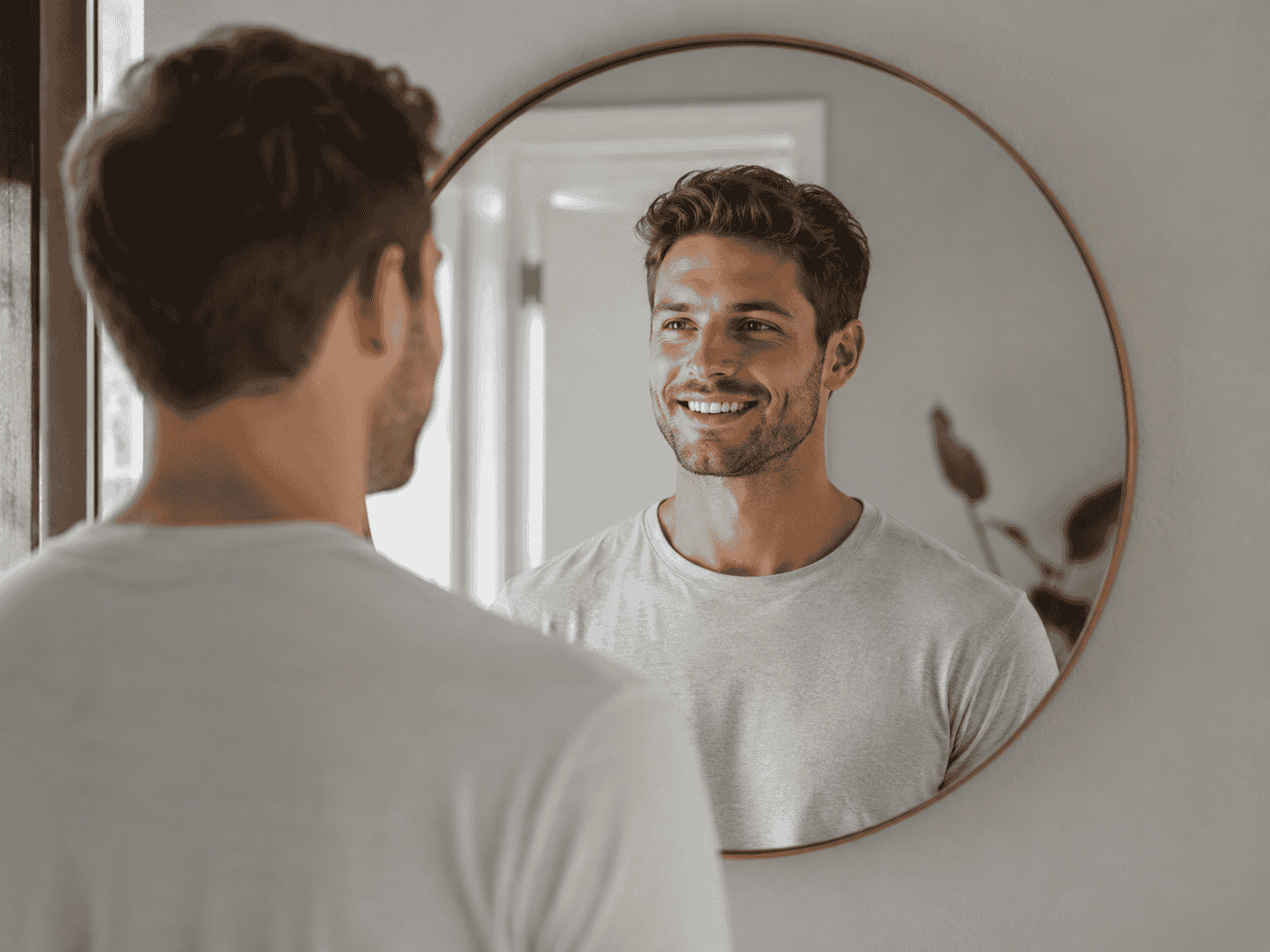 man smiling in mirror